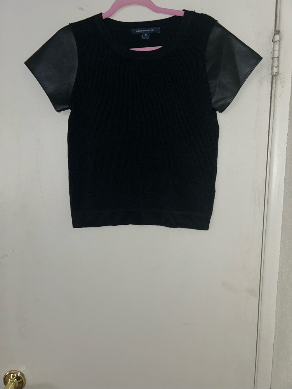 French Connection Black Short-Sleeve Sweater Top with Faux Leather Sleeves